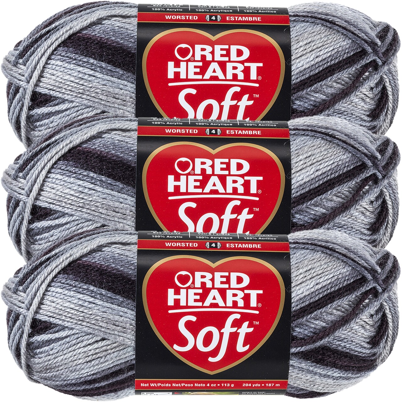 Red Heart Soft Grayscale Yarn - 3 Pack of 113g/4oz - Acrylic - 4 Medium (Worsted) - 256 Yards - Knitting/Crochet